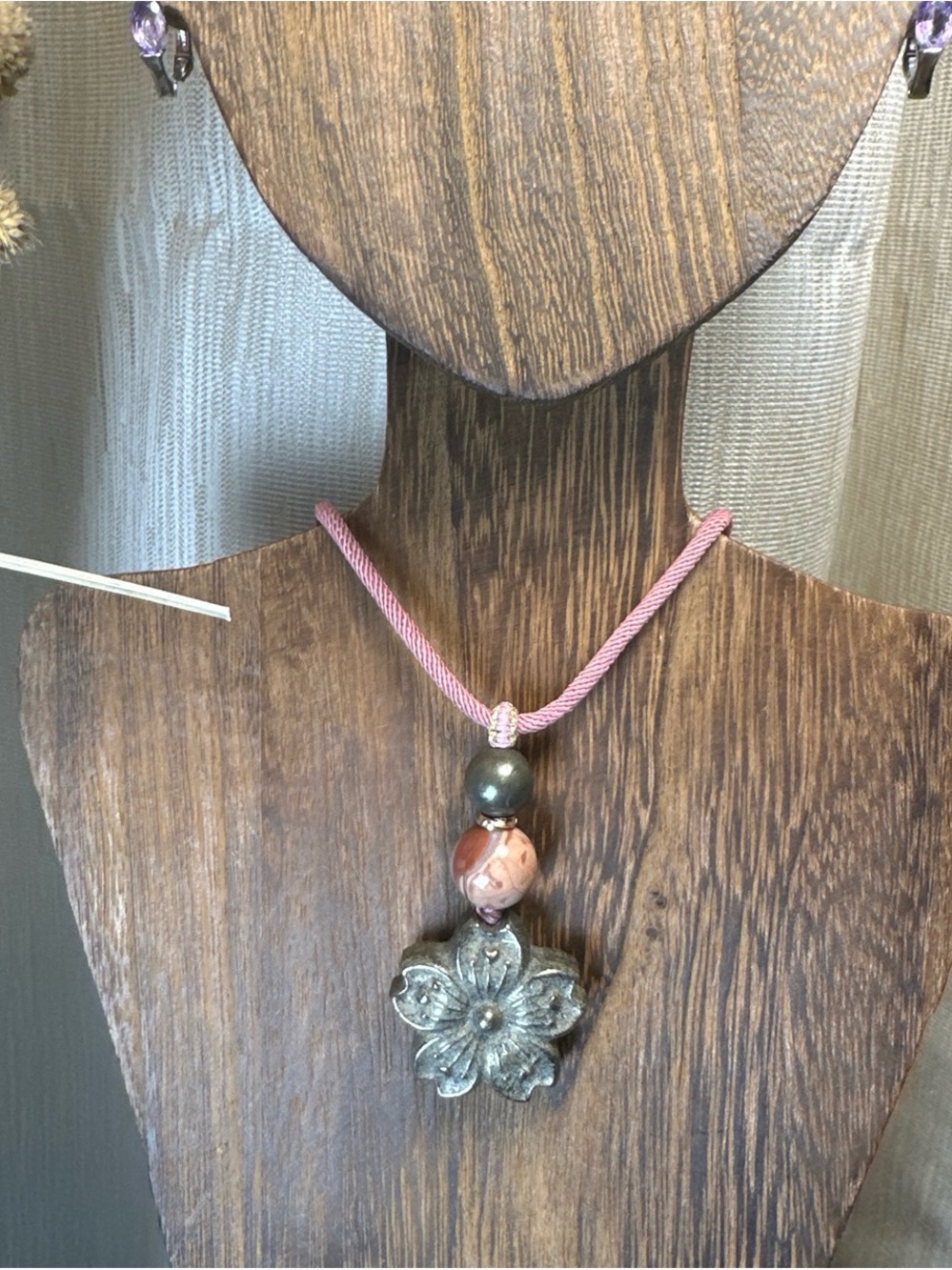 Pyrite Daisy Flower Pendant Necklace on Pink Adjustable Rope - Picture 5 of 15